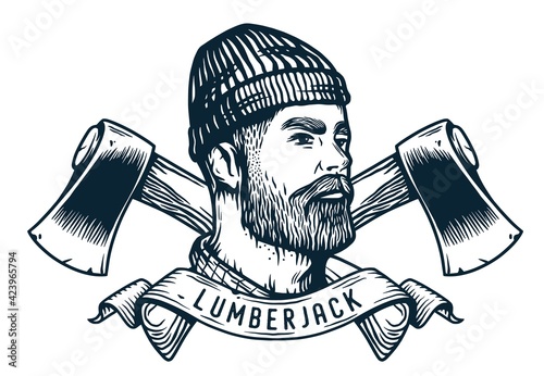 Silhouette of carpenter or axeman. Woodworker and logger with axe in his hands. Monochrome print of beardeded lumberjack
