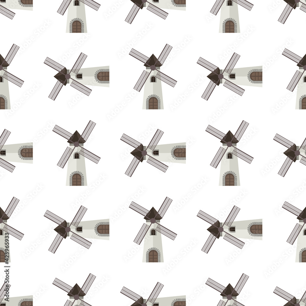 Seamless pattern windmills. Flat and solid color Vector illustration