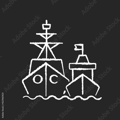 Naval fleet chalk white icon on black background. Military force unit. Warships formation in ocean. Warfare ships. Naval squadron. Battleships, cruisers. Isolated vector chalkboard illustration
