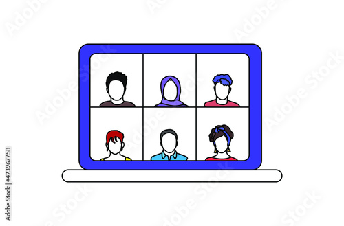 Multinational and multiracial people communicate by videoconference. Work and communication via remote communication. Remote employees from all over the world.  Vector flat line illustration
