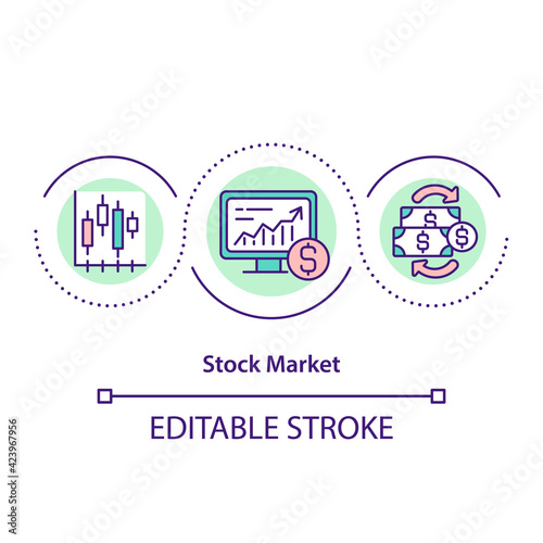 Stock market concept icon. Aggregation of buyers and sellers of company stock shares. Trading application idea thin line illustration. Vector isolated outline RGB color drawing. Editable stroke