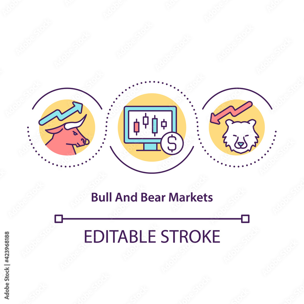 Bull and bear markets concept icon. Basic concepts of stock market trading situations. Trading tutorial idea thin line illustration. Vector isolated outline RGB color drawing. Editable stroke