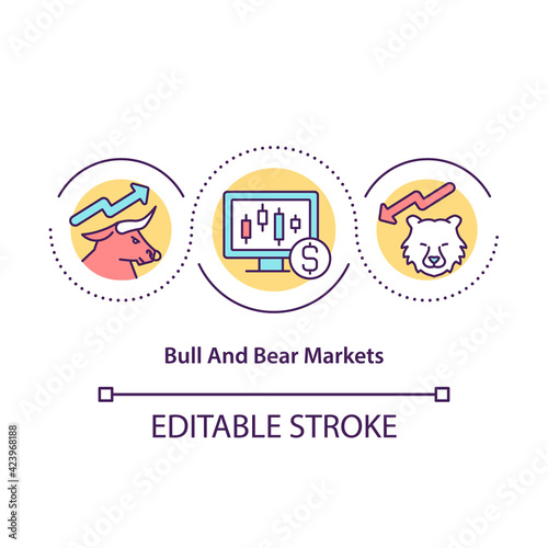 Bull and bear markets concept icon. Basic concepts of stock market trading situations. Trading tutorial idea thin line illustration. Vector isolated outline RGB color drawing. Editable stroke