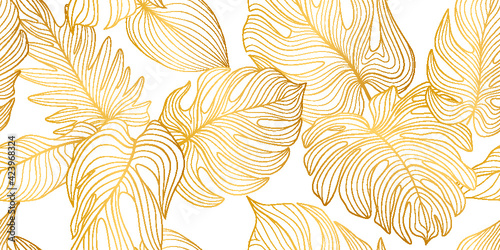 Floral seamless pattern with tropical leaves and flowers. Nature lush background. Flourish garden texture with line art leaves