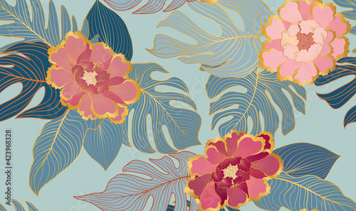 Floral seamless pattern with tropical leaves and flowers. Artistic drawn flor...