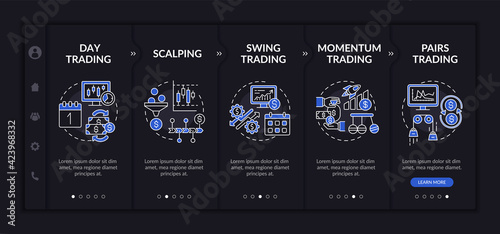 Stockbroking strategies onboarding vector template. Responsive mobile website with icons. Web page walkthrough 5 step screens. Day, swing, scalping trading night mode concept with linear illustrations