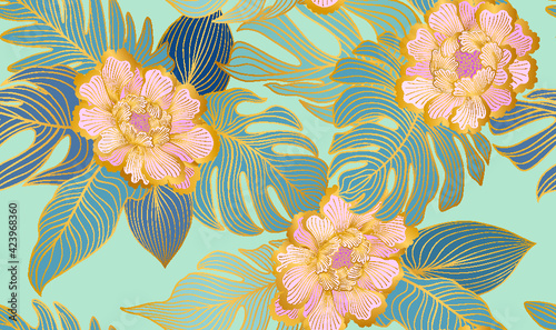 Floral seamless pattern with tropical leaves and flowers. Artistic drawn floral background in style of oriental chinese embroidery decor. Flourish ornamental garden texture with line art palm leaves