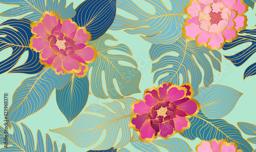 Floral seamless pattern with tropical leaves and flowers. Artistic drawn floral background in style of oriental chinese embroidery decor. Flourish ornamental garden texture with line art palm leaves