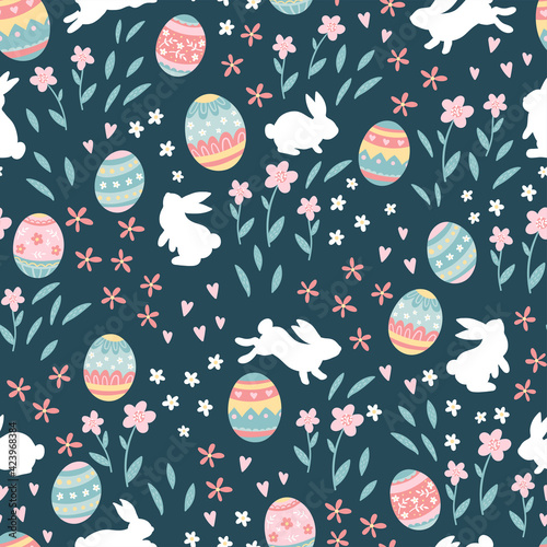 Cute colorful Easter seamless pattern with doodle easter eggs and cute little flowers, great for Easter textiles, wallpapers, as background for cards, invitations - vector design