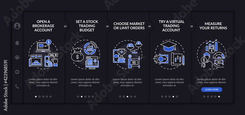 Invest in stock process onboarding vector template. Responsive mobile website with icons. Web page walkthrough 5 step screens. Brokerage account, returns night mode concept with linear illustrations