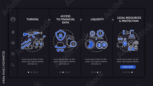 International asset challenge onboarding vector template. Responsive mobile website with icons. Web page walkthrough 4 step screens. Data security, turmoil night mode concept with linear illustrations