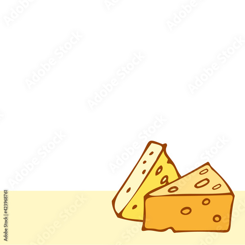 Two tasty pieces of cheese of different sizes with large holes. Doodle vector illustration, simple cartoon line art. Logo, emblem, sign, icon.