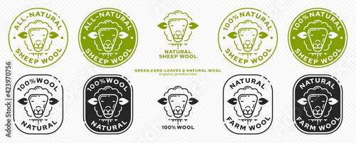 Product packaging concept. Labeling - natural farm sheep wool. Sheep head icon with leaf ears - Symbol of natural farm products. Vector set