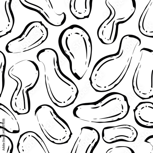 Peanut shell line art seamless vector pattern background. Mix of different monkey nuts in calligraphy brush style. Monochrome food backdrop. Doodle legume repeat for farming, food market concept