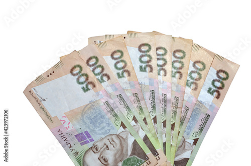 Fan of banknote 500 Ukrainian hryvnia. Modern Ukrainian money - gryvnjia isolated on white background. UAH. Free copy space. Business and finance concept 