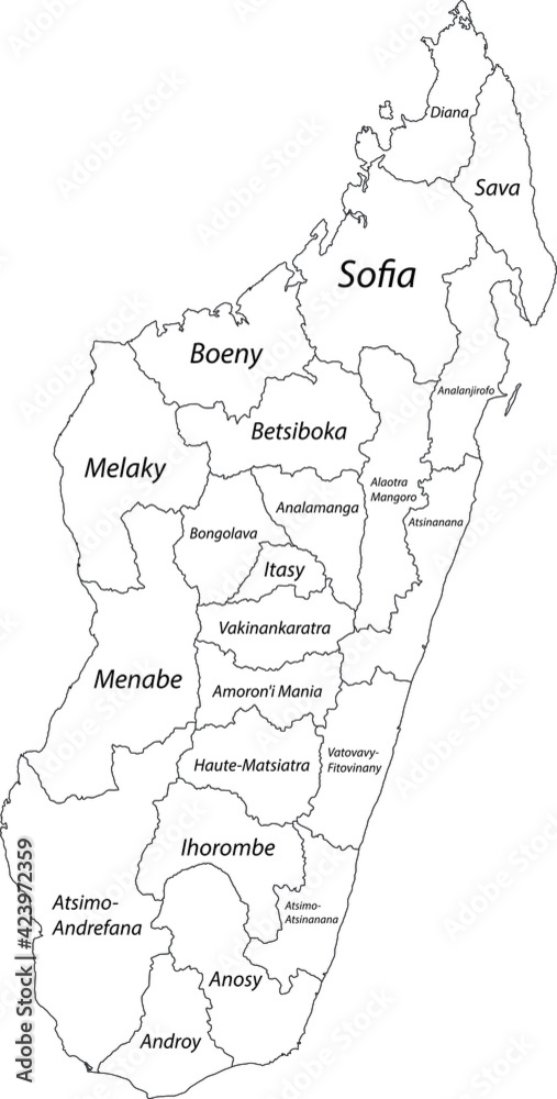 White vector map of the Republic of Madagascar with black borders and names of its regions