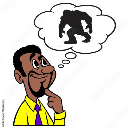 Man thinking about Bigfoot - A cartoon illustration of a man thinking about the possibility of Bigfoot being real.