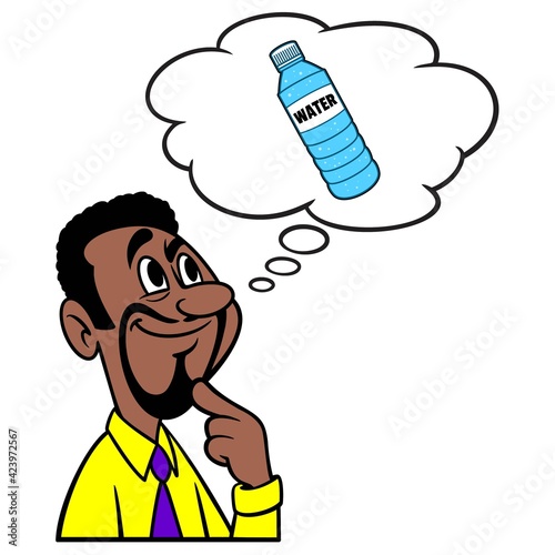 Man thinking about Bottle Water - A cartoon illustration of a man thinking about a cold bottle of water.