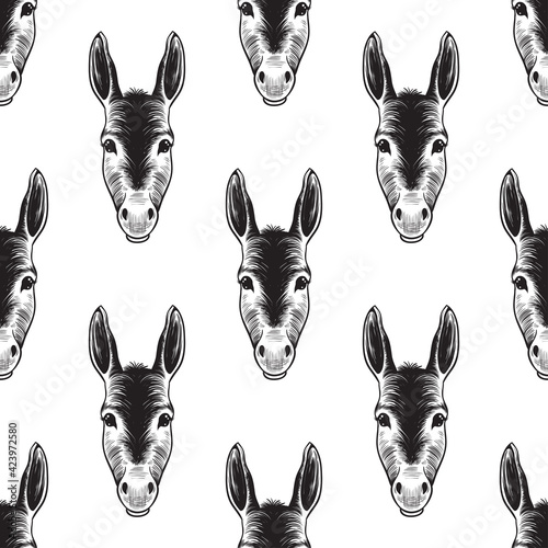 .Cute donkey head seamless pattern... Hand drawn realistic animal portrait. Vintage ink vector illustration.