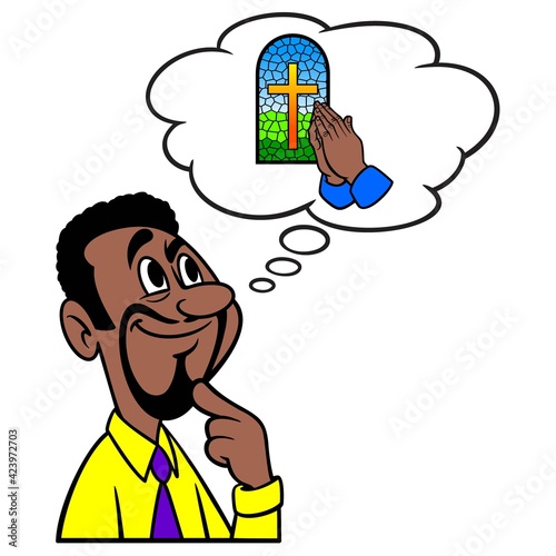 Man thinking about Church - A cartoon illustration of a man thinking about Church service.