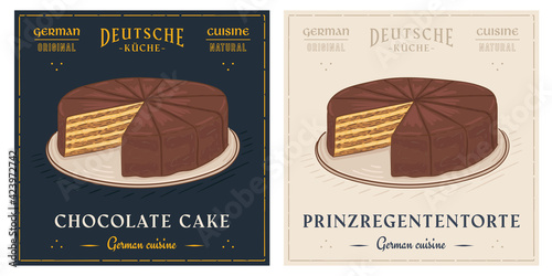 Prinzregententorte Bavarian chocolate cake retro vintage illustration