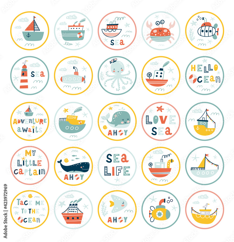 Marine animals stickers. Undersea world inhabitants. Оctopus, whale, fish, crab, sea transport. Vector