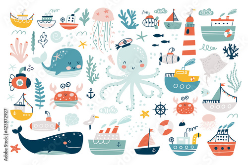 Print op canvas Marine animals set