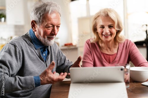 Senior couple having video call. Happy husband and wife talking with their grandkids.