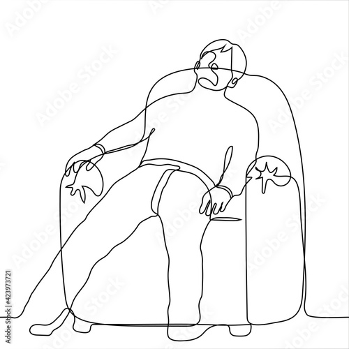 man lies in a chair - one line drawing. concept tired man informally and relaxed sitting in a soft leather armchair