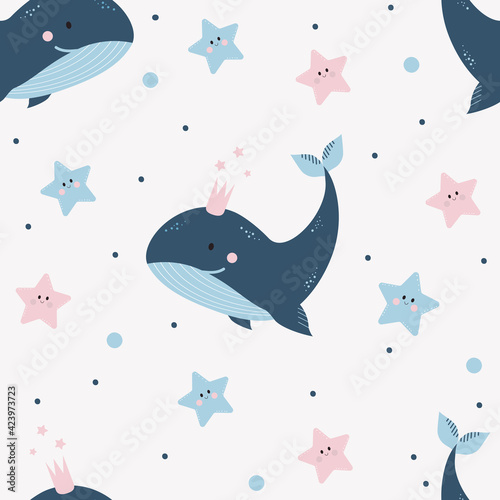 Seamless patterns with marine life. Cute blue whale with a crown and funny starfishes on a light background. Vector. For design, decor, print, textile, packaging and wallpaper
