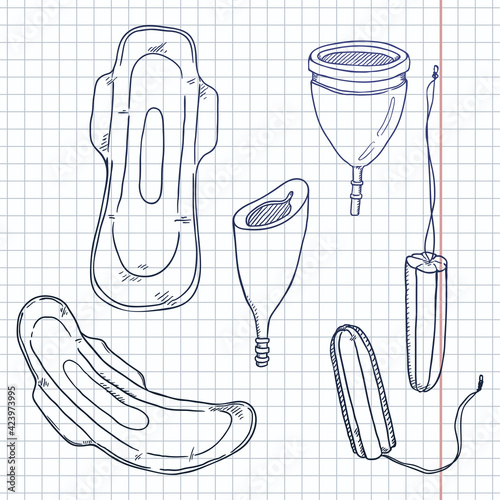 Vector Sketch Set of Women Intimate Hygiene Items.