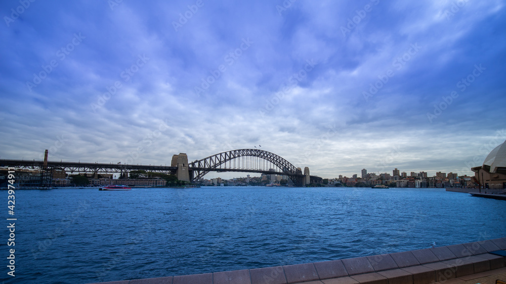 Obraz premium Sydney Harbour forshore viewed from the Gardens in NSW Australia on a nice sunny and partly cloudy Morning blue skies