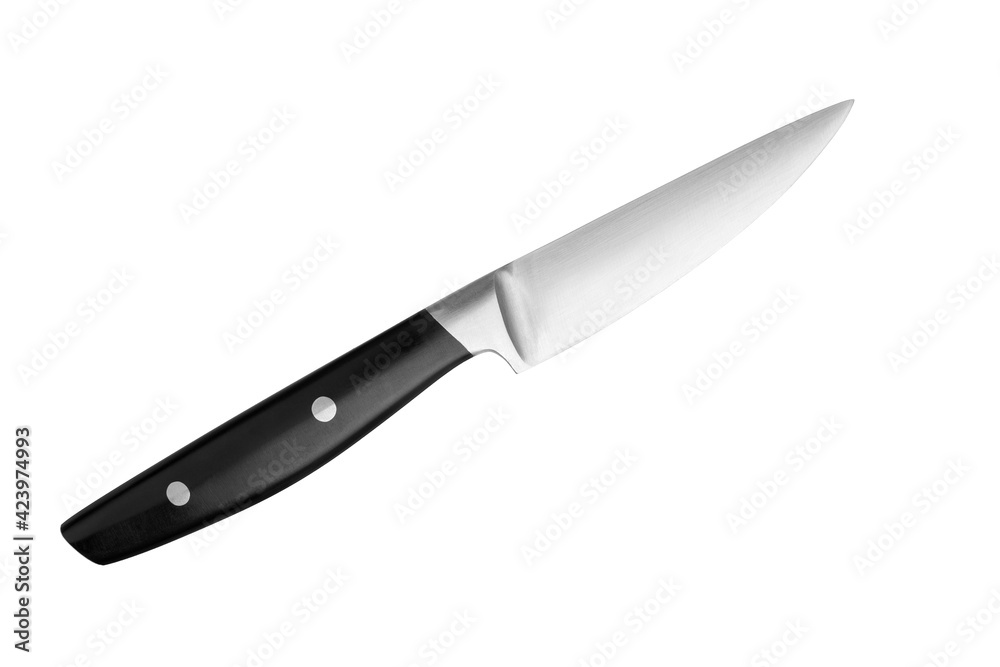 Steel paring knife with black plastic handle on white background isolated closeup, metal chef knife, sharp stainless blade, carving knife, cooking food, kitchen utensil, cutting tool, dangerous weapon Steel paring knife with black plastic handle on white background isolated closeup, metal chef knife, sharp stainless blade, carving knife, cooking food, kitchen utensil, cutting tool, dangerous weapon