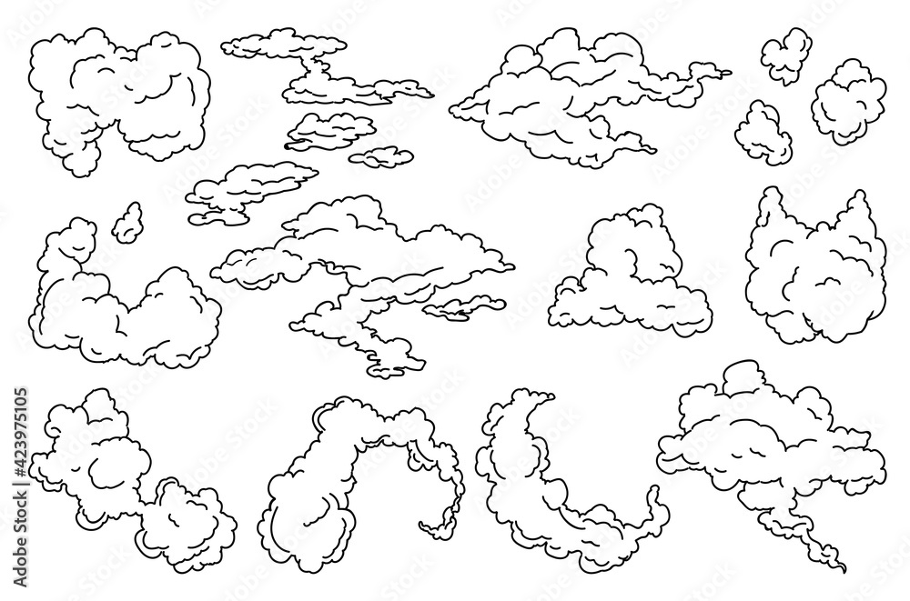 Hand drawn  clouds set. Vintage retro sky design. Engraved sketch. Abstract doodle clouds. Line art on transparent background