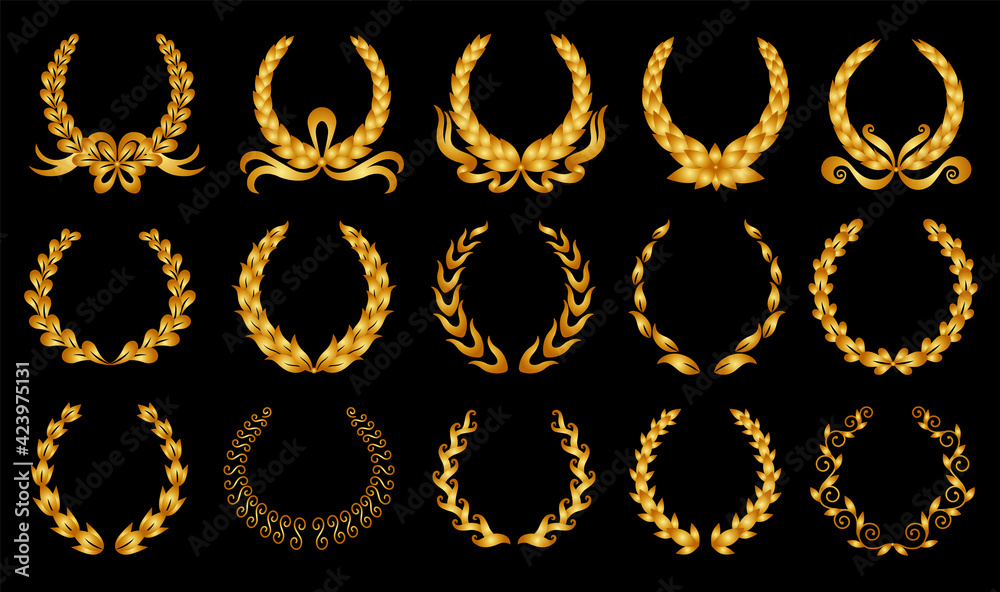 Golden laurel wreath. Collection of different black circular laurel, olive, wheat wreaths depicting an award, achievement, heraldry, nobility. premium insignia, traditional victory symbol Golden laurel wreath. Collection of different black circular laurel, olive, wheat wreaths depicting an award, achievement, heraldry, nobility. premium insignia, traditional victory symbol