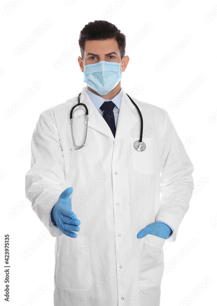 Doctor in protective mask and gloves offering handshake on white background Doctor in protective mask and gloves offering handshake on white background