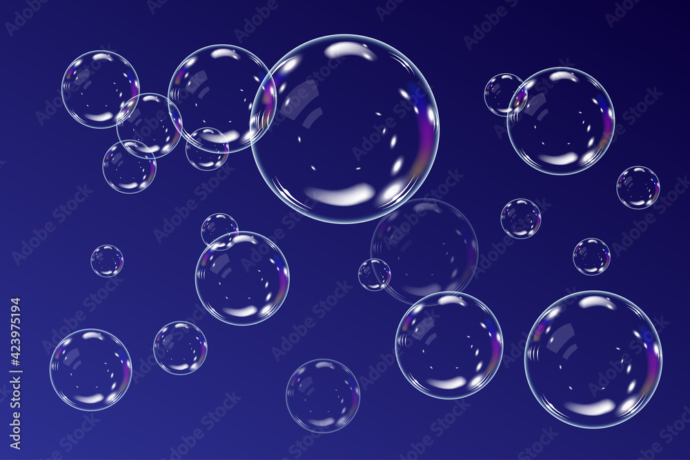 Transparent soap bubbles with rainbow reflection on a dark backdrop. Realistic Isolated vector. Abstract light. Realistic soap bubbles Water foam bubbles. Colorful iridescent glass sphere.