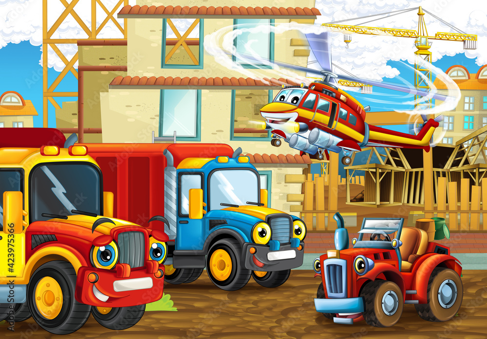 Naklejka premium cartoon scene construction site cars vehicles helicopter