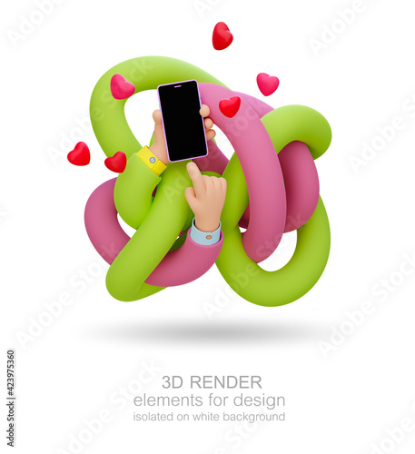 Cartoon hands in lilac and blue jackets tied in a knot. Hands holds   smartphone  and red hearts. Isolated on a white background . 3d render.