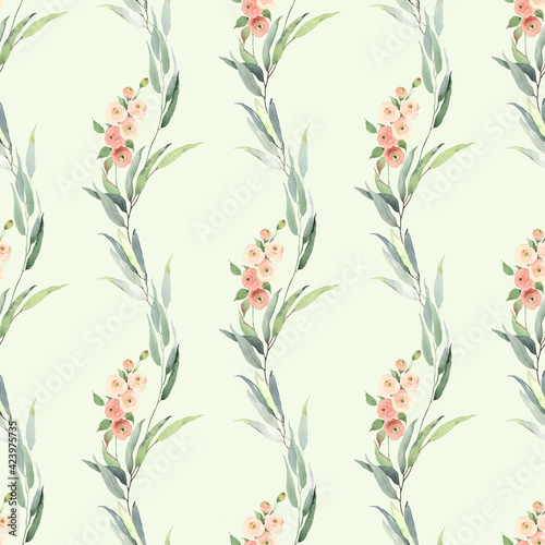  Abstract floral pattern of vertical branches with leaves and small flowers roses. Watercolor seamless print on light green background.