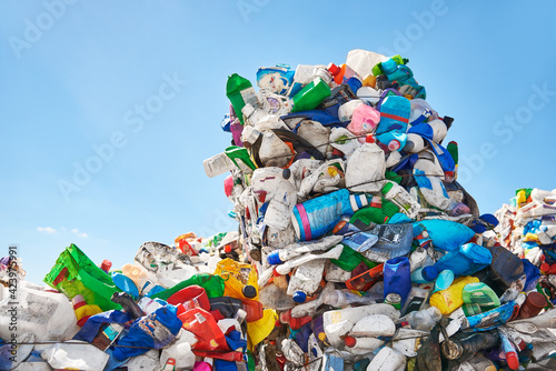 Many bright plastic bottles.