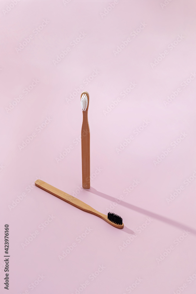 Creative still life with wooden tooth brushes