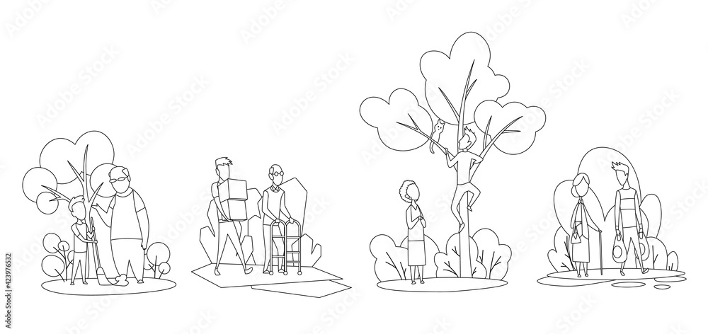 Social workers taking care about seniors peoples. Volunteer young people help elderly mans and womans in different situations.  flat cartoon illustration in sketch line drawing
