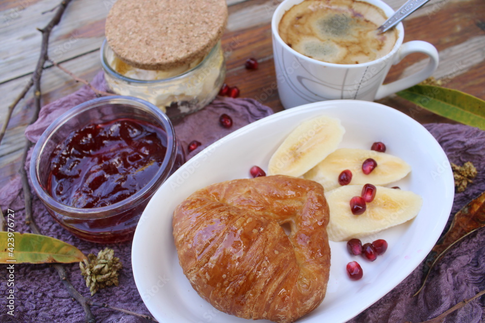 A French breakfast with croissants. Nostalgia for Paris. A French breakfast with croissants. Nostalgia for Paris.