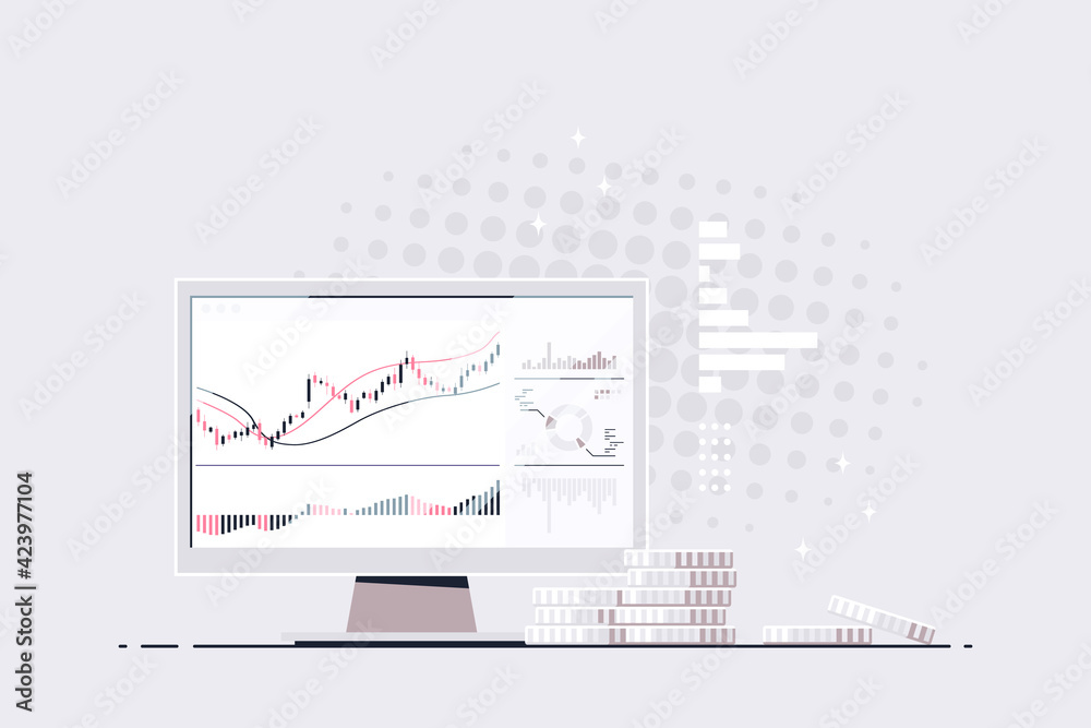 Computer Screen with Candlestick Chart and Golden Coins Computer Screen with Candlestick Chart and Golden Coins