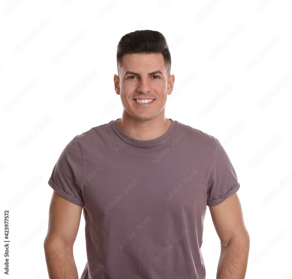 Portrait of happy man on white background. Personality concept Portrait of happy man on white background. Personality concept