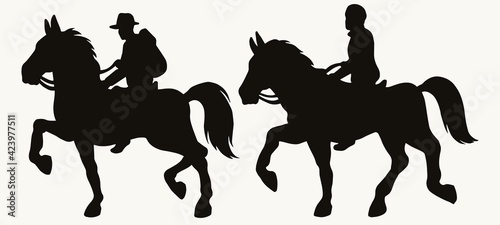 Men riding horses black silhouettes
