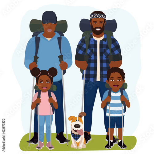 Male couple with their children walking on nature. LGBT. Active tourists or hikers camping or trekking with backpacks. Summer activity, holiday and leisure concept. Vector illustration.