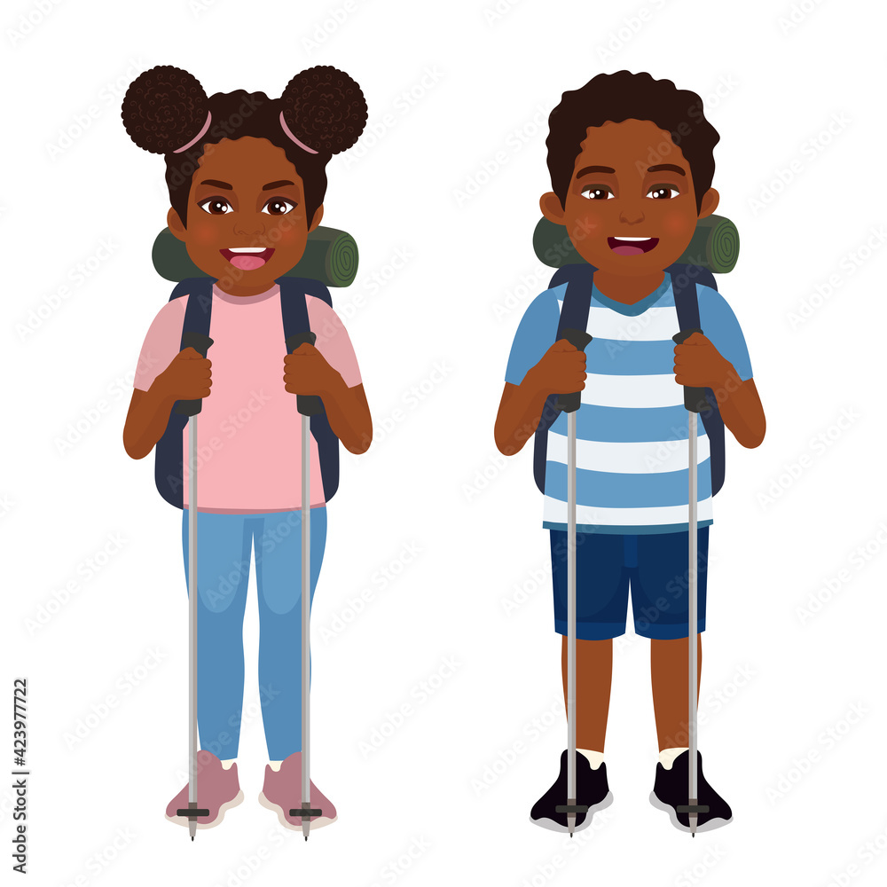 Boy and girl with backpacks isolated person. Traveler in tourist clothes is engaged in hiking, backpacking trip, school expedition. Sport, lifestyle, hobby concept. Vector illustration. Boy and girl with backpacks isolated person. Traveler in tourist clothes is engaged in hiking, backpacking trip, school expedition. Sport, lifestyle, hobby concept. Vector illustration.