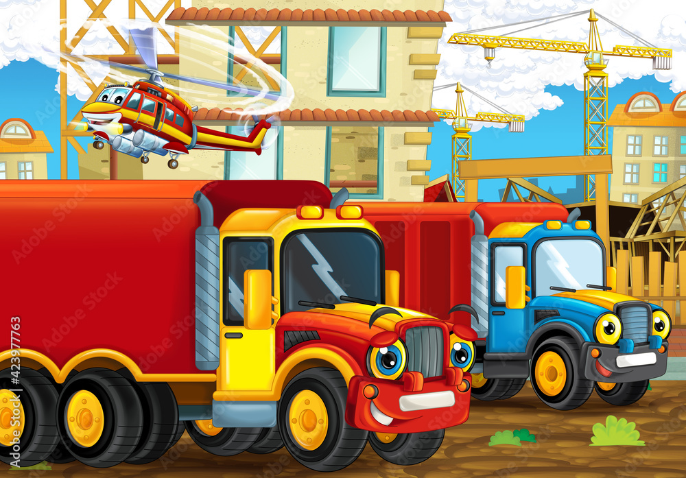 Fototapeta premium cartoon scene construction site cars vehicles helicopter